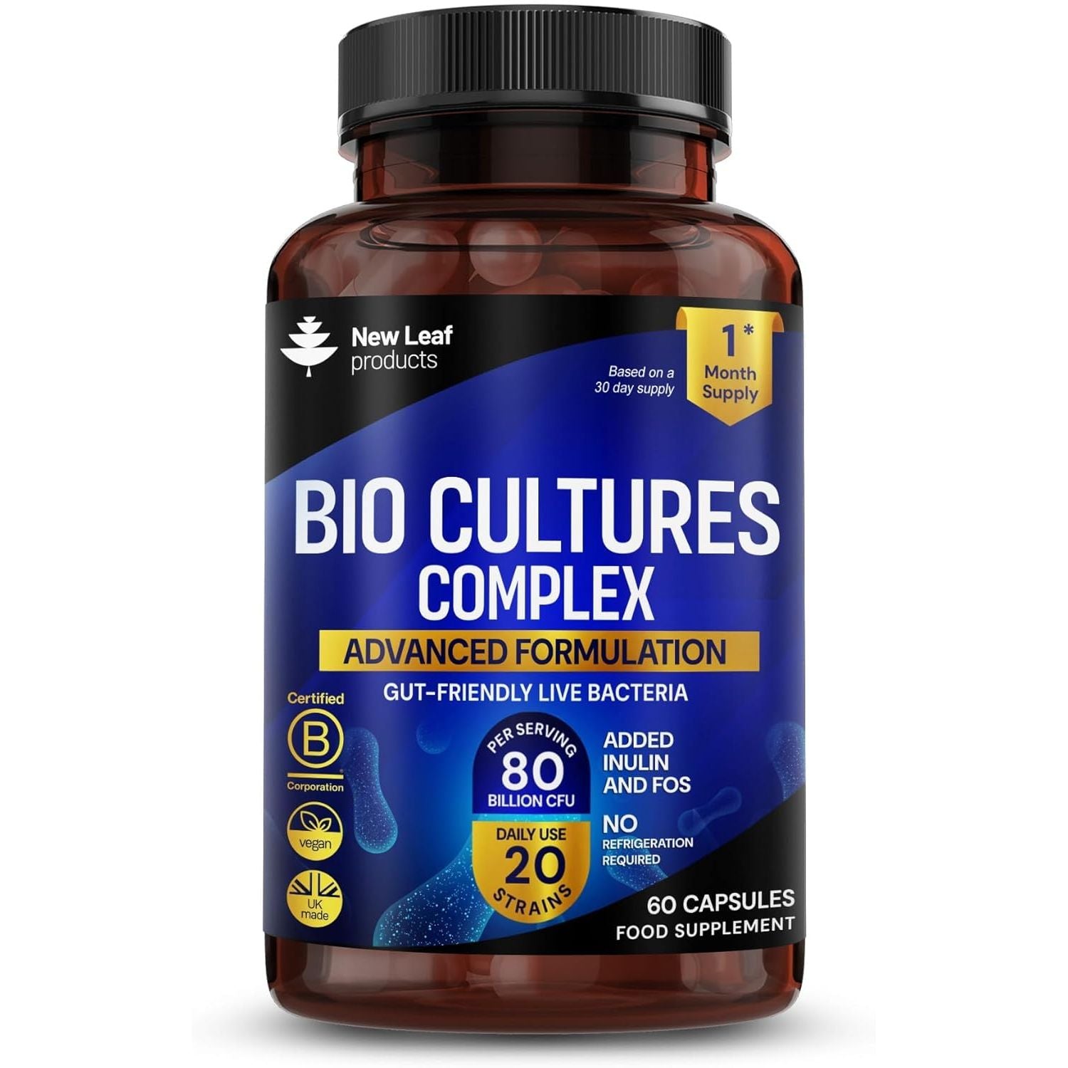 Probiotics & Prebiotics Complex – 80 Billion CFU – 20 Live Strains Including Lactobacillus Acidophilus & Casei – High Strength Bio Cultures Prebiotic & Probiotic Supplement for Women & Men 60 Capsules