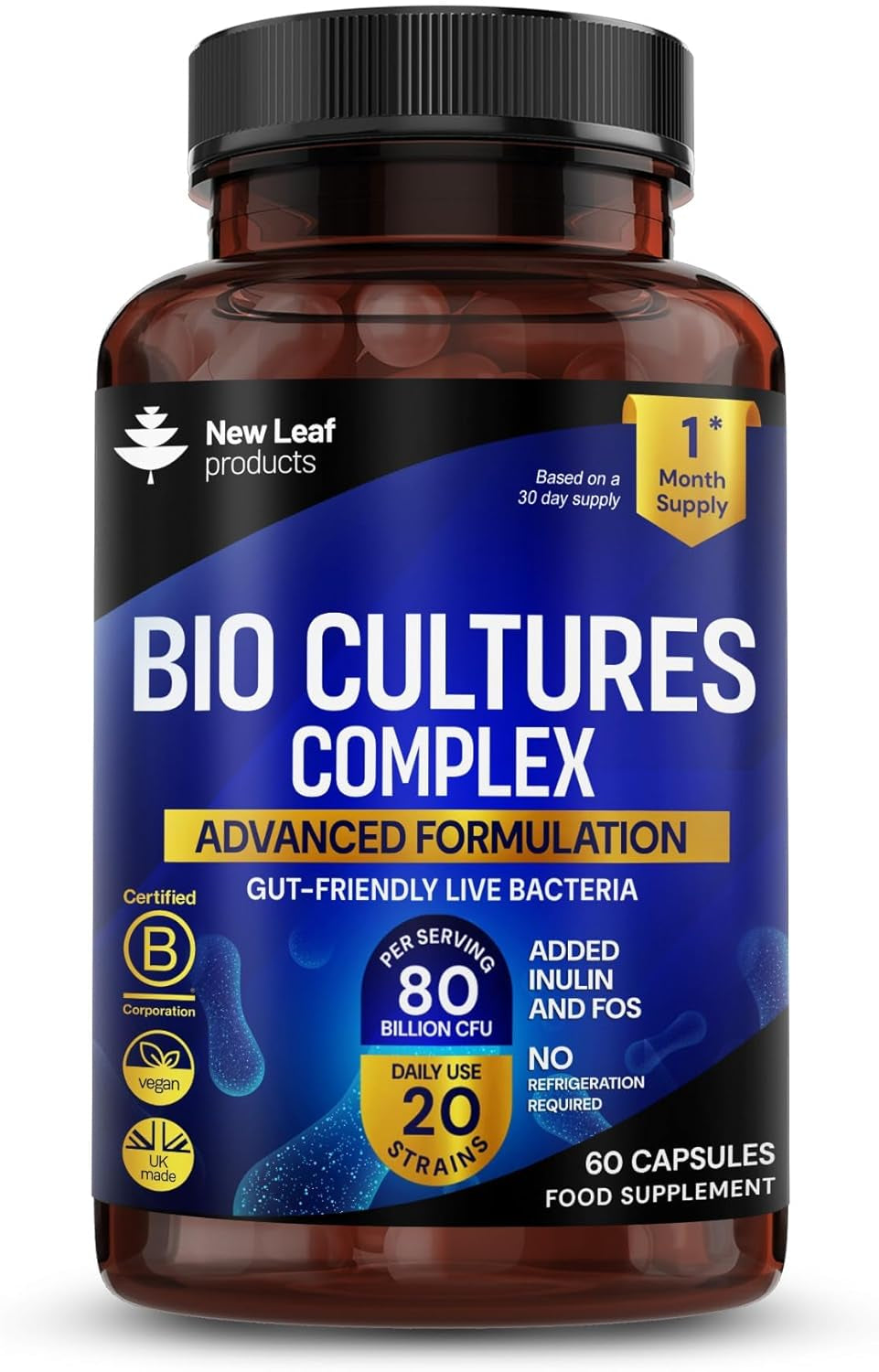 Probiotics & Prebiotics Complex – 80 Billion CFU – 20 Live Strains Including Lactobacillus Acidophilus & Casei – High Strength Bio Cultures Prebiotic & Probiotic Supplement for Women & Men 60 Capsules