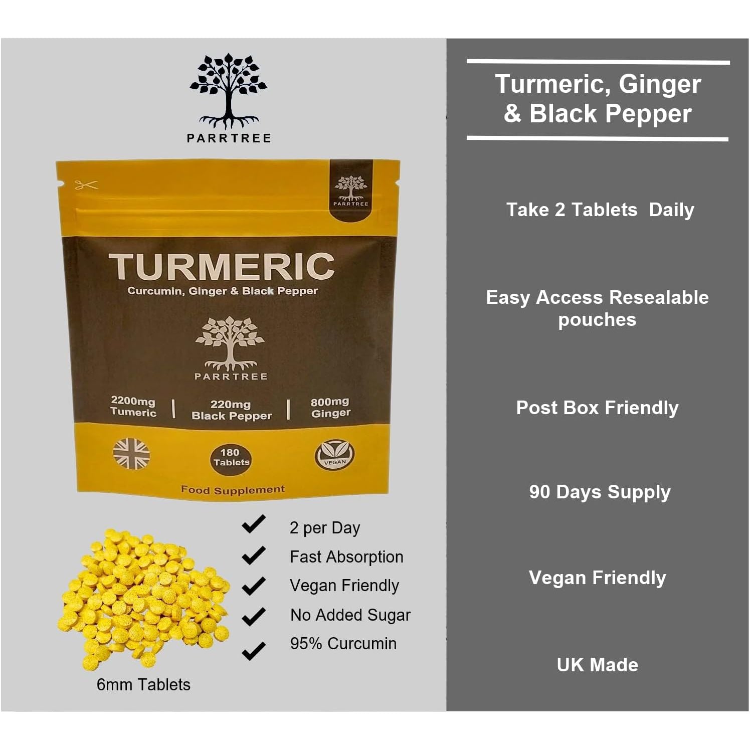 Turmeric Tablets 2200Mg with Black Pepper and Ginger - 180 Tablets - High Strength 95% Curcumin Supplement - Tablets Not Capsules - Vegan and Gluten Free - Made in the UK