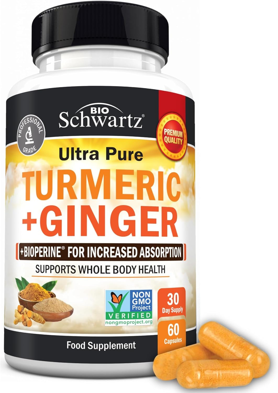 Turmeric Curcumin and Ginger - 95% Standardized Curcuminoids with Bioperine Black Pepper Extract for Ultra High Absorption - Natural Joint Support Supplement - Gluten-Free - 60 Capsules