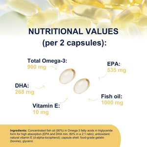 Omega 3 Fish Oil Capsules IFOS Certified - OMEGOR Vitality 500 Omega3 Supplement with 535Mg EPA and 268Mg DHA for 2 Capsules - No Aftertaste (60 Softgel Caps)