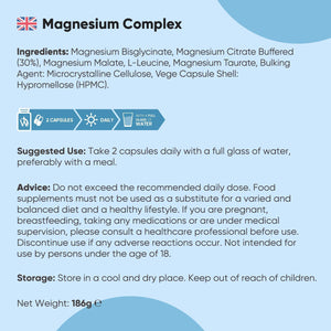 Magnesium Glycinate 4-In-1 Complex | 180 Capsules | 400Mg Elemental Magnesium | 3 Months Supply | with Citrate, Bisglycinate, Taurate & Malate | Added L-Leucine 90Mg | Vegan & Non-Gmo | Made in the UK