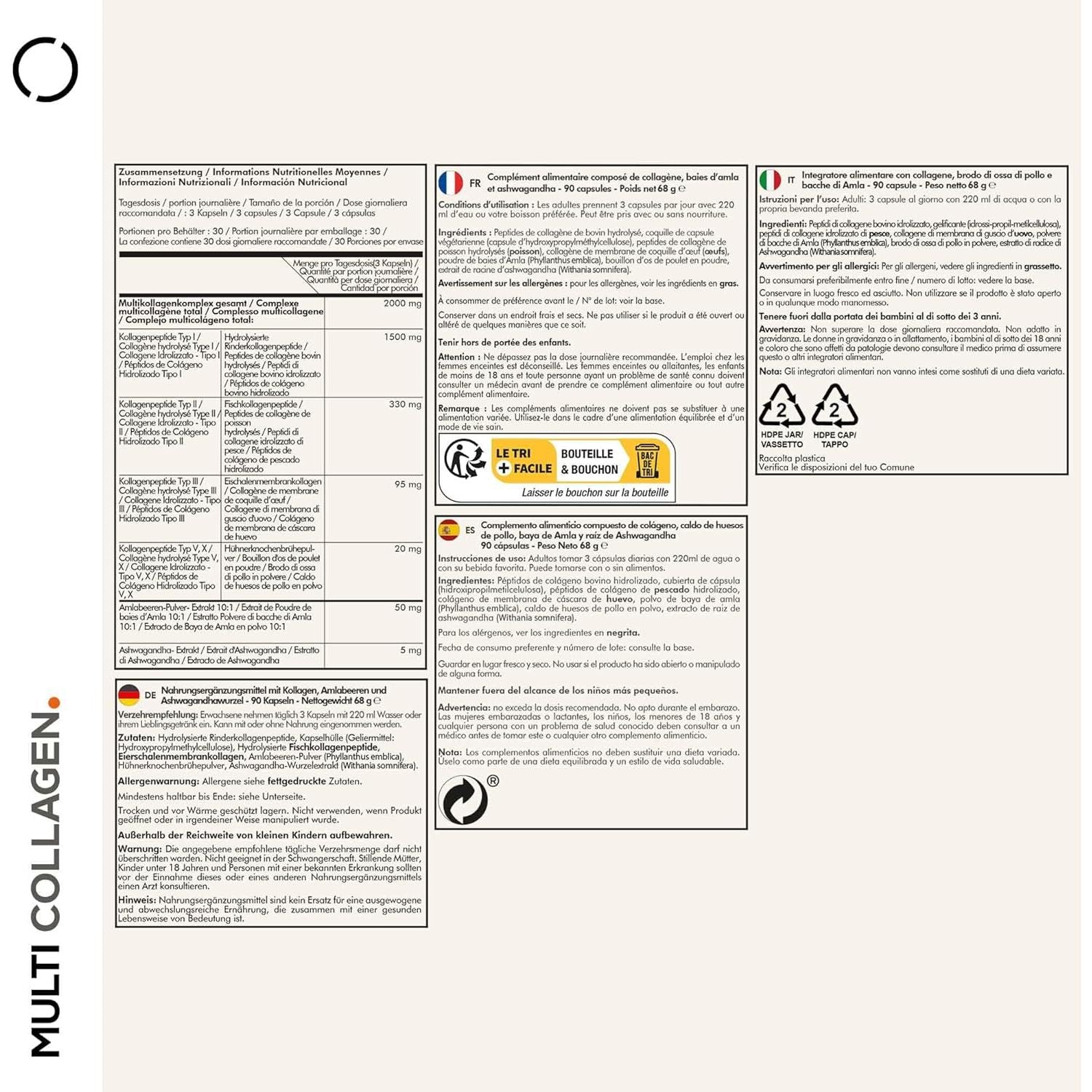Codeage Multi Collagen Peptides Capsules, Types I, II, III, V & X, Grass-Fed & Hydrolyzed Bovine Collagen Supplement with Ashwagandha & Amla Berry, Collagen for Skin, Hair, Nails, Joints - 90 Capsules
