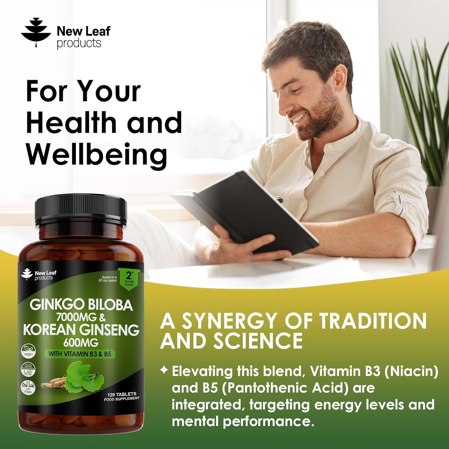 Ginkgo Biloba and Korean Ginseng Tablets - 7000Mg Ginkgo Biloba Herbal Supplements & 600Mg Panax Ginseng High Strength Extract - Enriched with Vitamin B3 & B5-120 Vegan Tablets