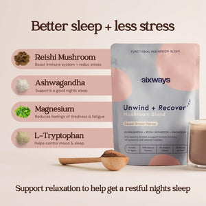 Sixways Unwind and Recover Sleep Drink 30 Servings, Cacao Flavour, Ashwagandha Powder, Hormone and Anxiety Aid, Magnesium, Reishi Mushroom, Vegan, Gluten Free, Magnesium Infused for Relaxation
