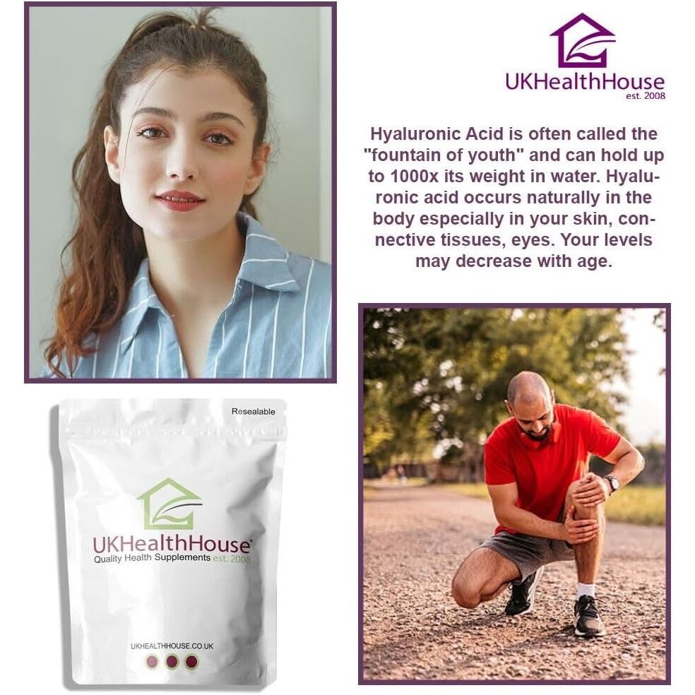 Ukhealthhouse Hyaluronic Acid Supplement 200Mg Vegan High Strength Hyaluronic Acid Tablets Natural Skin, Hair & Joint Supplement for Women & Men (60 Tabs)