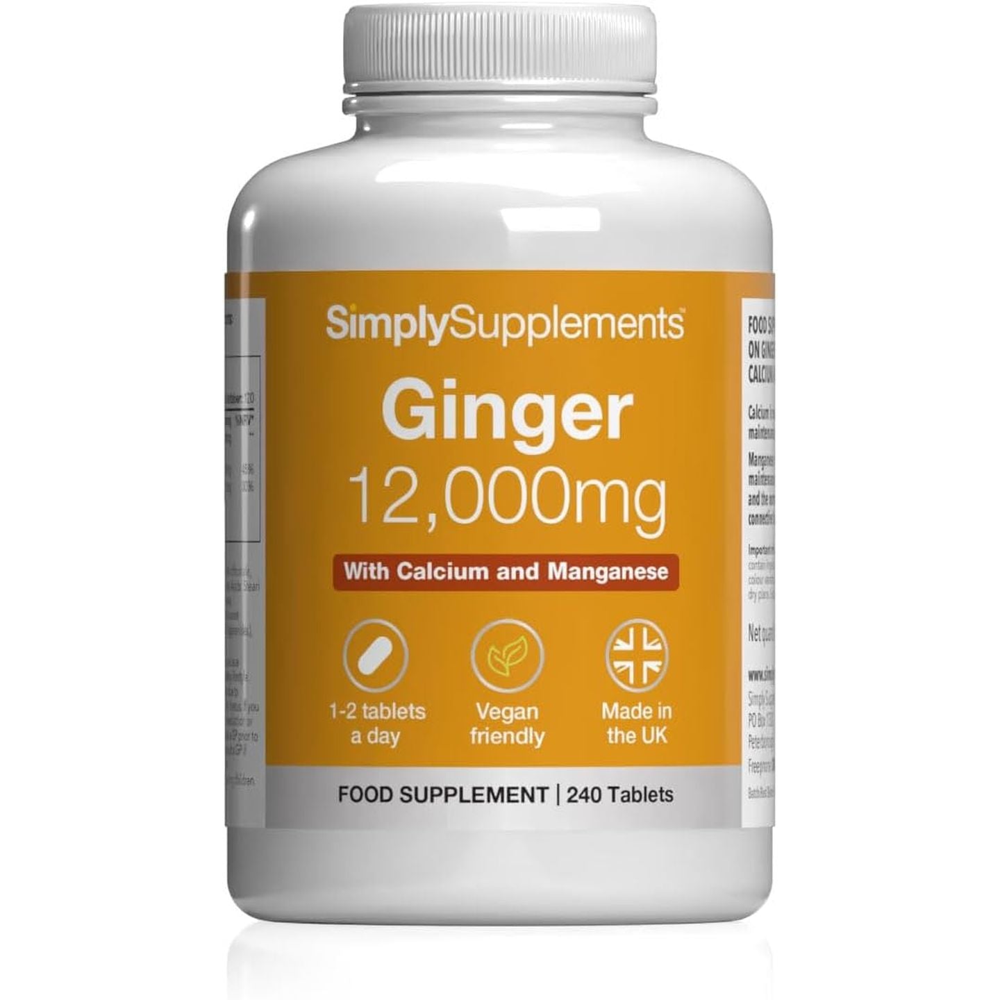 Ginger Tablets | Supports Joints, Bones & Energy | with Added Calcium & Manganese | 240 High-Strength Tablets = 4 Months’ Supply | Joint and Digestive Support | Gmp-Certified & Uk-Made
