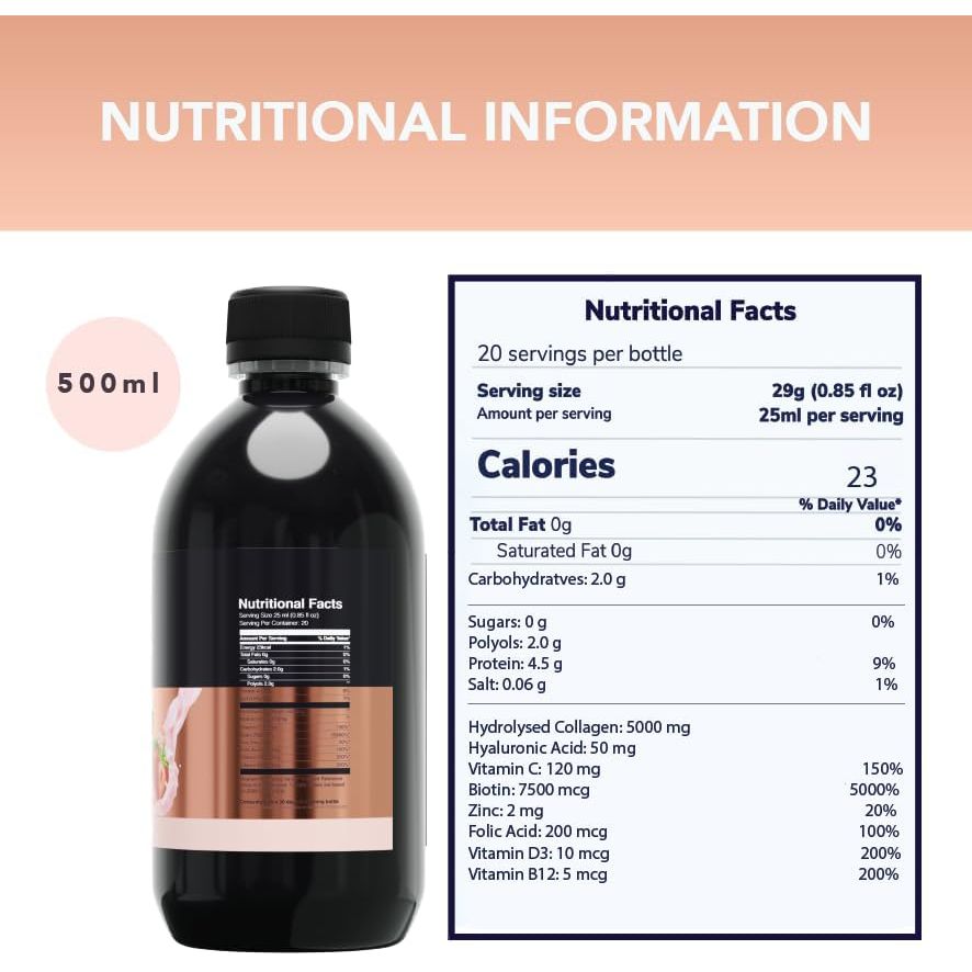 Reverse Life - Bovine Collagen Supplements - Nails, Skin, Hair Supplements for Women and Men - Hair Care Contains Biotin, Vitamin D3, Folic Acid, Hyaluronic Acid - Strawberry Delight Flavour - 500Ml