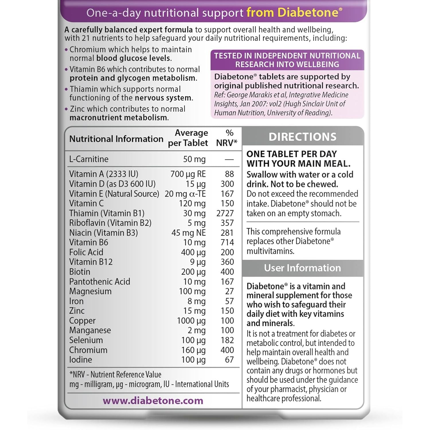 Diabetone Original Formula Supports Glicemia Control and Diabetes Management Supplement - 30 Tablets, 30-Day Supply, by Vitabiotics