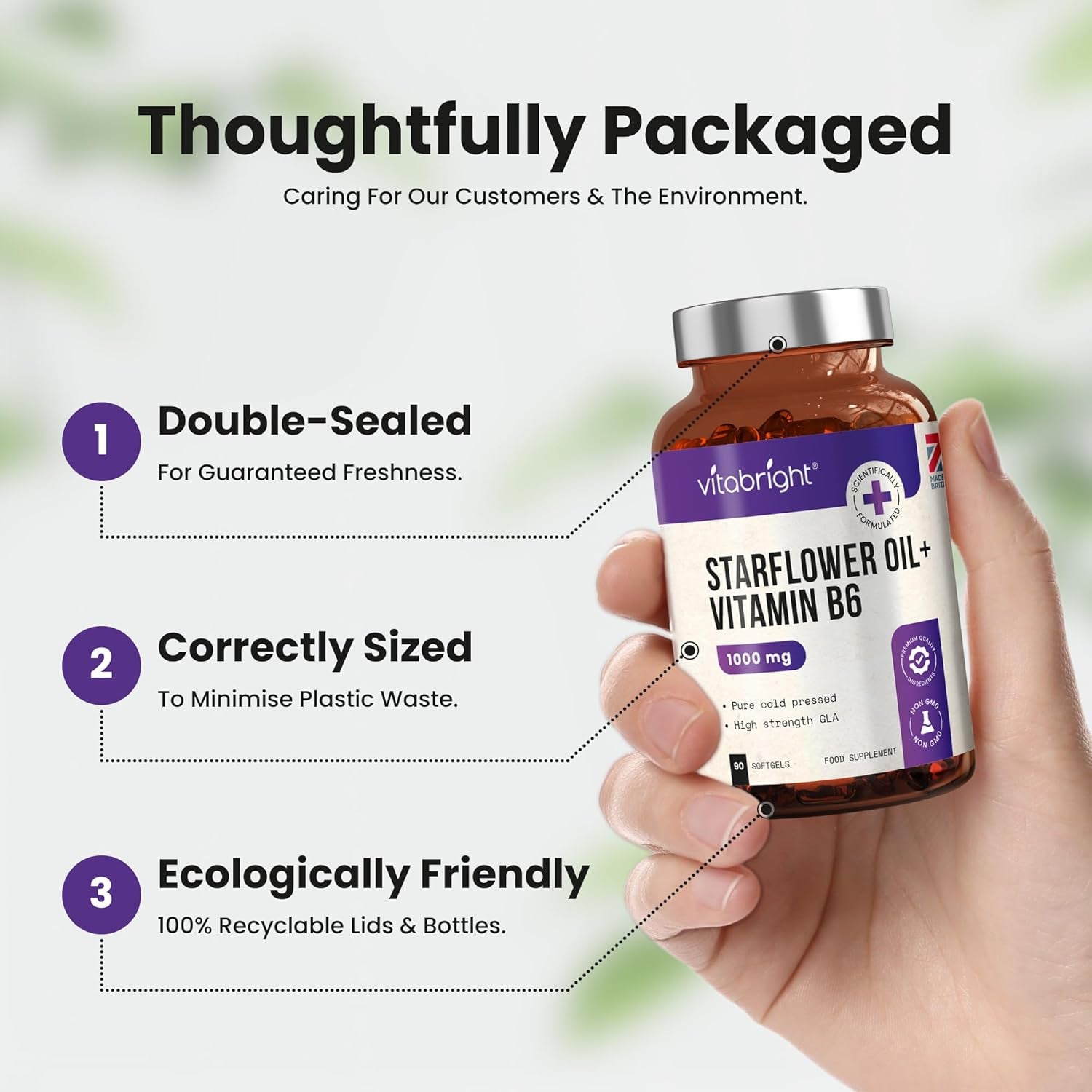 Starflower Oil Capsules 1000Mg | 3 Months High GLA Borage with Vitamin B6 | Cold Pressed Star Flower Oil 1000Mg Softgels | Vitabright Starflower Supplement High Strength