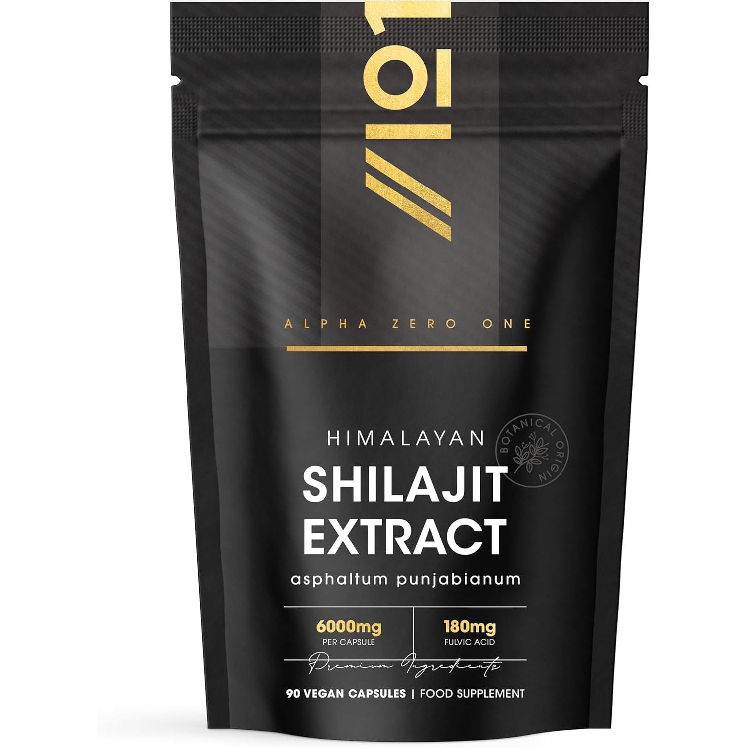 Shilajit Extract 6000Mg - 60% Fulvic Acid (180Mg) - 90 Vegan Capsules - Himilayan Shilajit Resin (3 Months Supply) - Resealable and Recyclable Pouch - by Alpha01