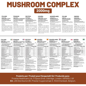 Advanced Mushroom Complex 2000Mg | a Super Blend of 6 Mushrooms with Lion'S Mane, Chaga, Cordyceps, Shiitake, Reishi and Maitake with Black Pepper | 120 Vegan High Strength Tablets UK Made by Prowise