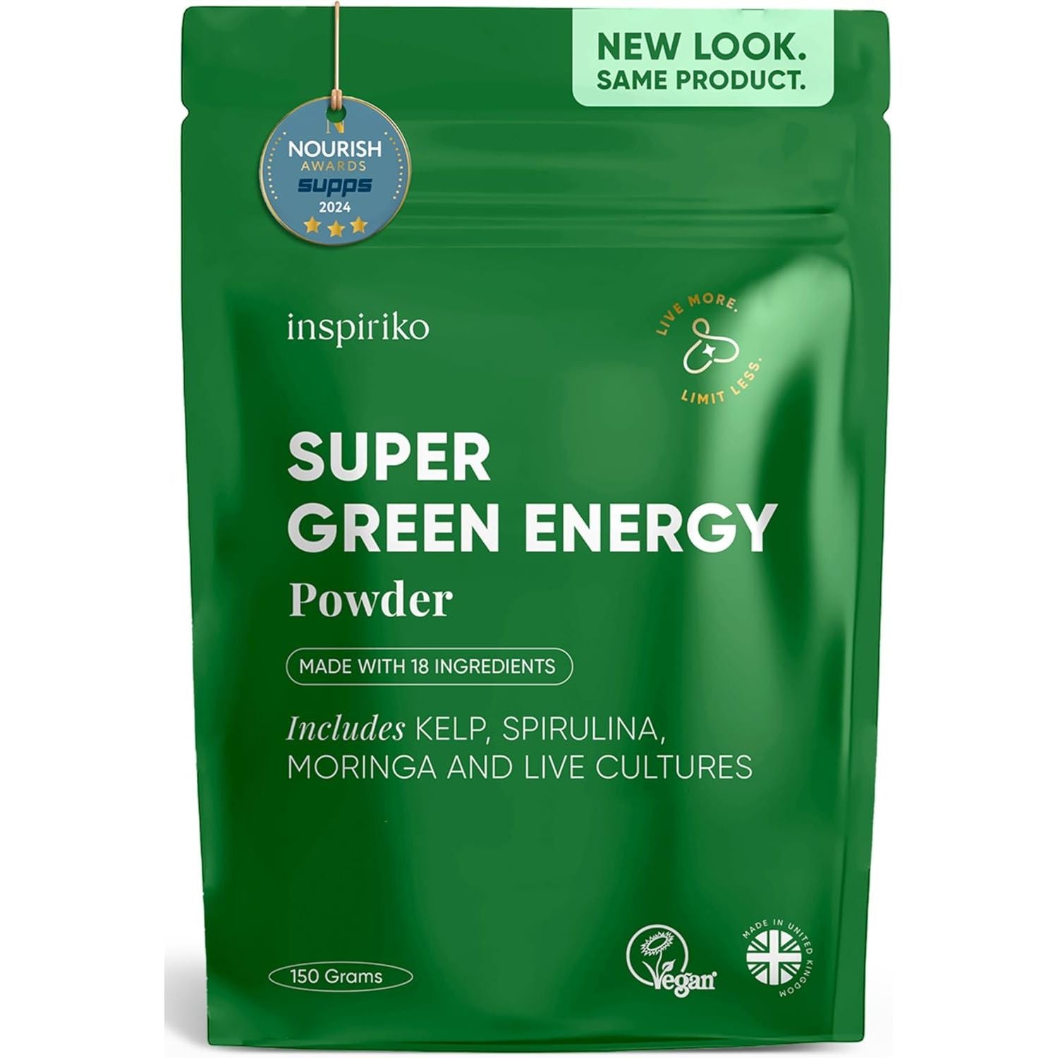 Inspiriko Super Greens Powder with 18 Natural Superfood Ingredients - Spirulina, Kale, Moringa - Green Powder Superfood with Probiotics, 150G, UK Made, Vegan - for Energy, Digestion, Immune Support
