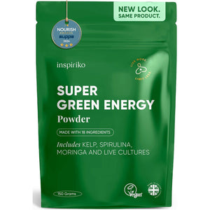 Inspiriko Super Greens Powder with 18 Natural Superfood Ingredients - Spirulina, Kale, Moringa - Green Powder Superfood with Probiotics, 150G, UK Made, Vegan - for Energy, Digestion, Immune Support
