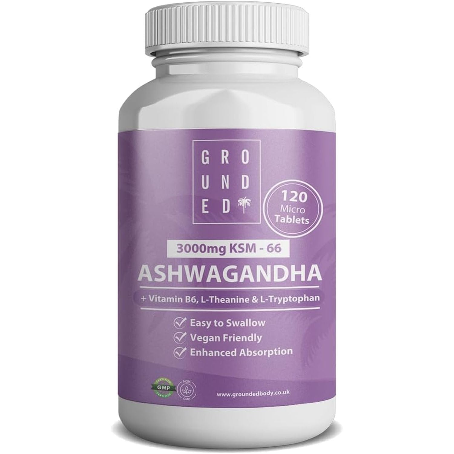 Grounded Ashwagandha KSM-66® High Strength 3,000Mg | 4-In-1 Formula | 120 Tablets / 2 Month Supply | L-Theanine, L-Tryptophan, Vitamin B6 & Black Pepper | Vegan-Friendly, UK Made