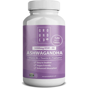 Grounded Ashwagandha KSM-66® High Strength 3,000Mg | 4-In-1 Formula | 120 Tablets / 2 Month Supply | L-Theanine, L-Tryptophan, Vitamin B6 & Black Pepper | Vegan-Friendly, UK Made