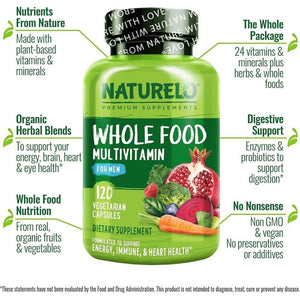 NATURELO Whole Food Multivitamin for Men - with Natural Vitamins, Minerals, Botanical Blends - Complete All-In-One Formula for Energy, Brain, Heart, Eye Health - 120 Vegan Capsules | 1 Month Supply