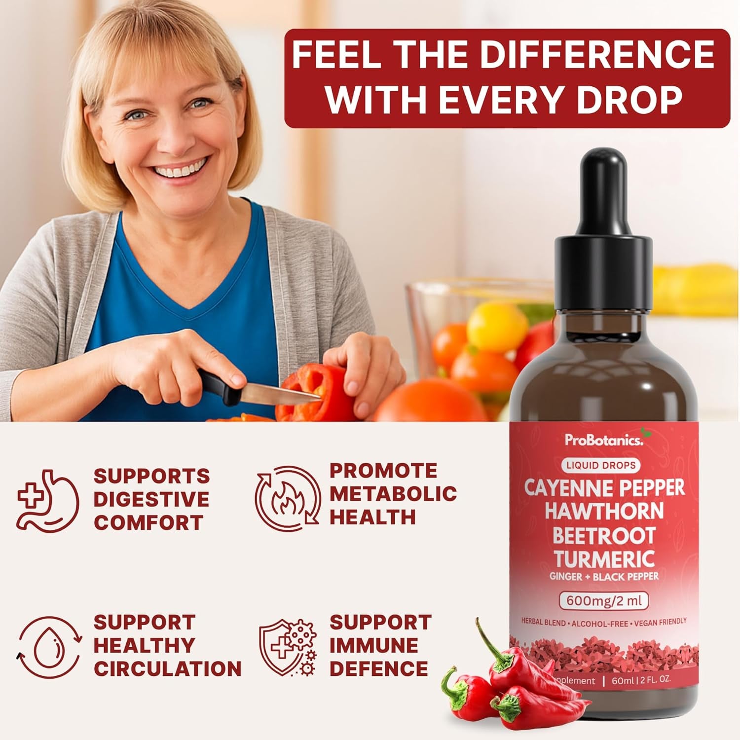 Probotanics Cayenne Pepper Drops Liquid Extract Supplement | Hawthorn Berry, Turmeric Curcumin, Beet Root, Ginger, Black Pepper for Circulation, Energy and Digestive Health | Alcohol-Free - 60Ml