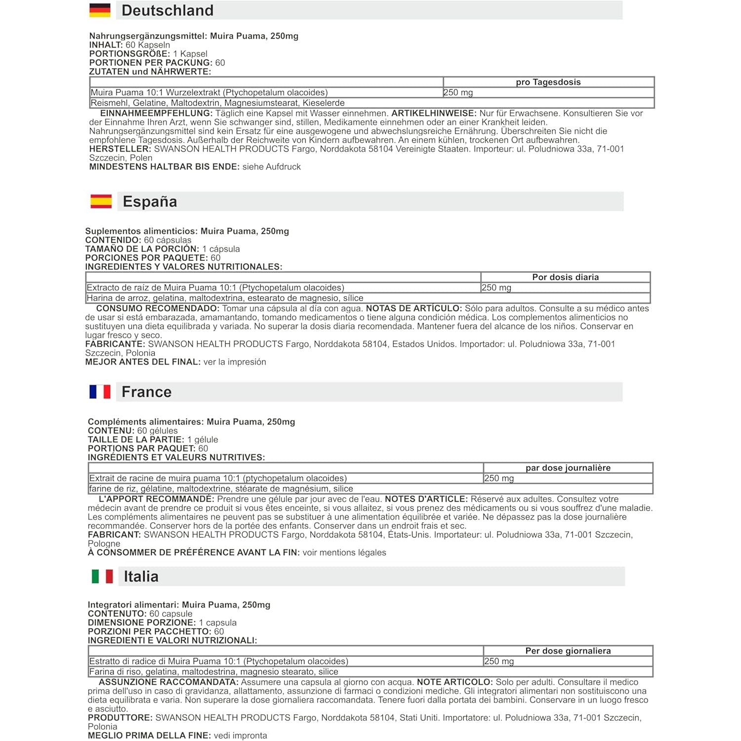 Swanson - Muira Puama, 250Mg (10:1) | Vitality and Endurance Support - 60 Capsules