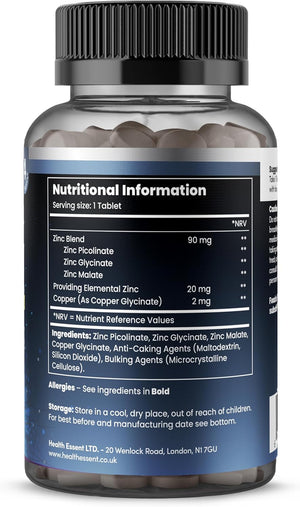 Zinc Picolinate 3-In-1, High Strength 92Mg - Zinc Picolate, Glycinate and Malate with Added Copper Glycinate - Immune Support, Hair, Skin & Nails - (4 Month Supply) - 120 Tablets by Healthessent