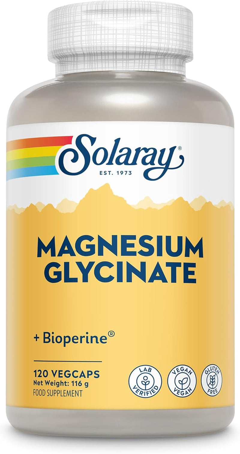 Solaray - Magnesium Glycinate 3180Mg - 120 Vegan Capsules - High Strength Mag Bisglycinate Supplement - with Added Bioperine Black Pepper for Gentle Digestion - Lab Verified