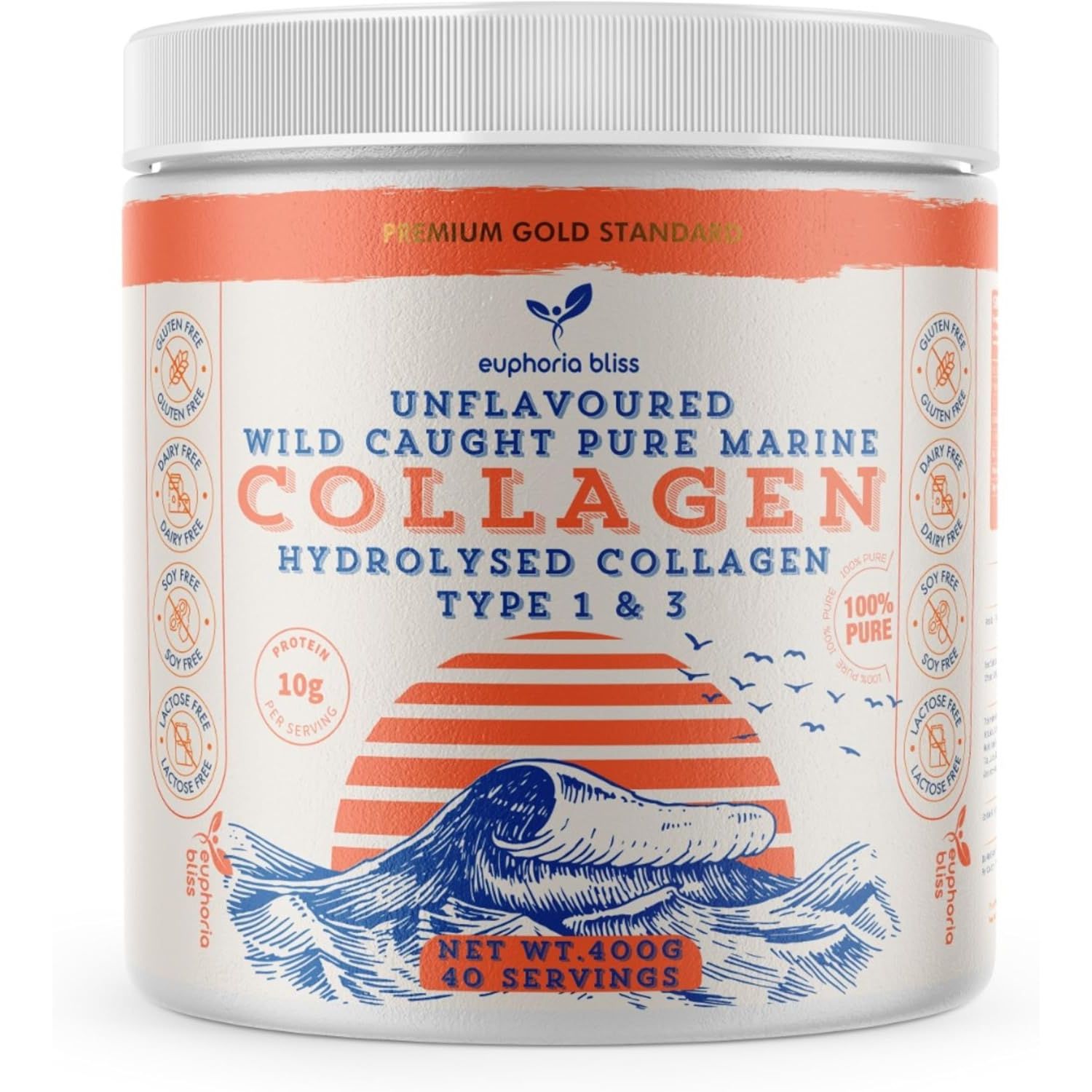 Marine Collagen Powder Type 1 & 3 | Wild Caught Fish | Non-Gmo | Unflavoured for Women & Men | Healthy Skin, Hair, Joints & Bones | 400G