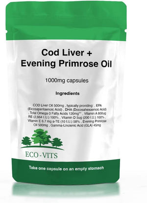 ECO-VITS COD Liver and Evening Primrose Oil (1000Mg) 365 CAPS. Biodegradable Packaging. Sealed Pouch