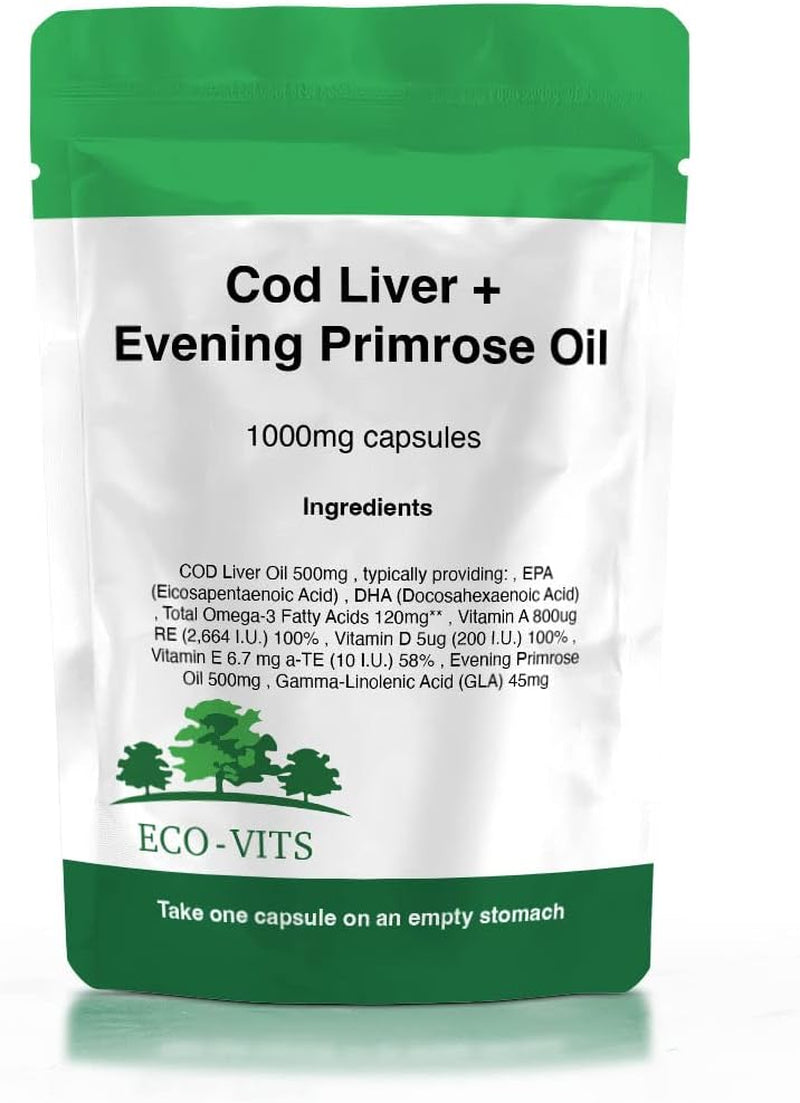 ECO-VITS COD Liver and Evening Primrose Oil (1000Mg) 365 CAPS. Biodegradable Packaging. Sealed Pouch