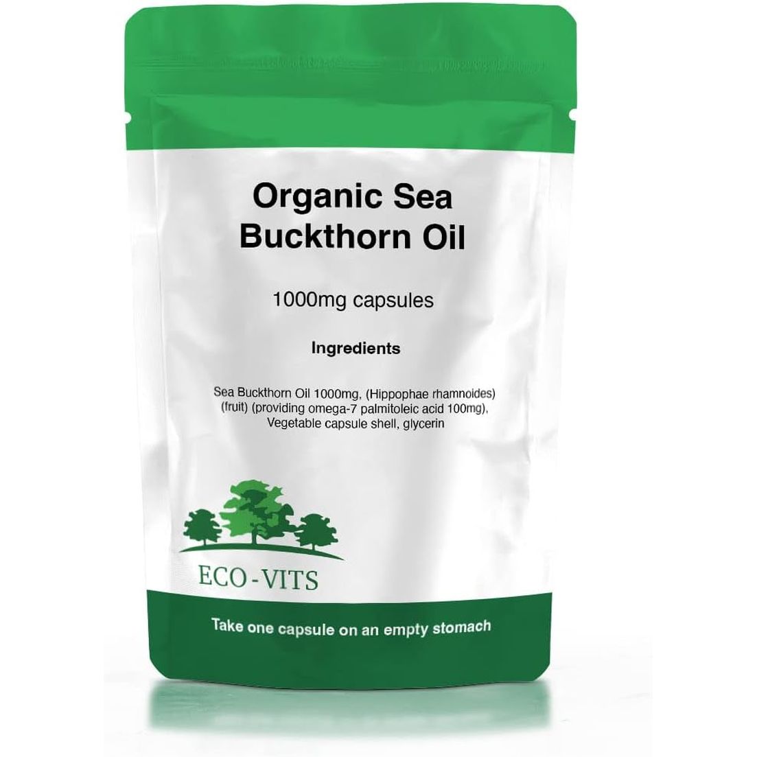 ECO-VITS Organic SEA Buckthorn Oil (1000Mg) 240 CAPS Recyclable PACAKAGING. Sealed Pouch