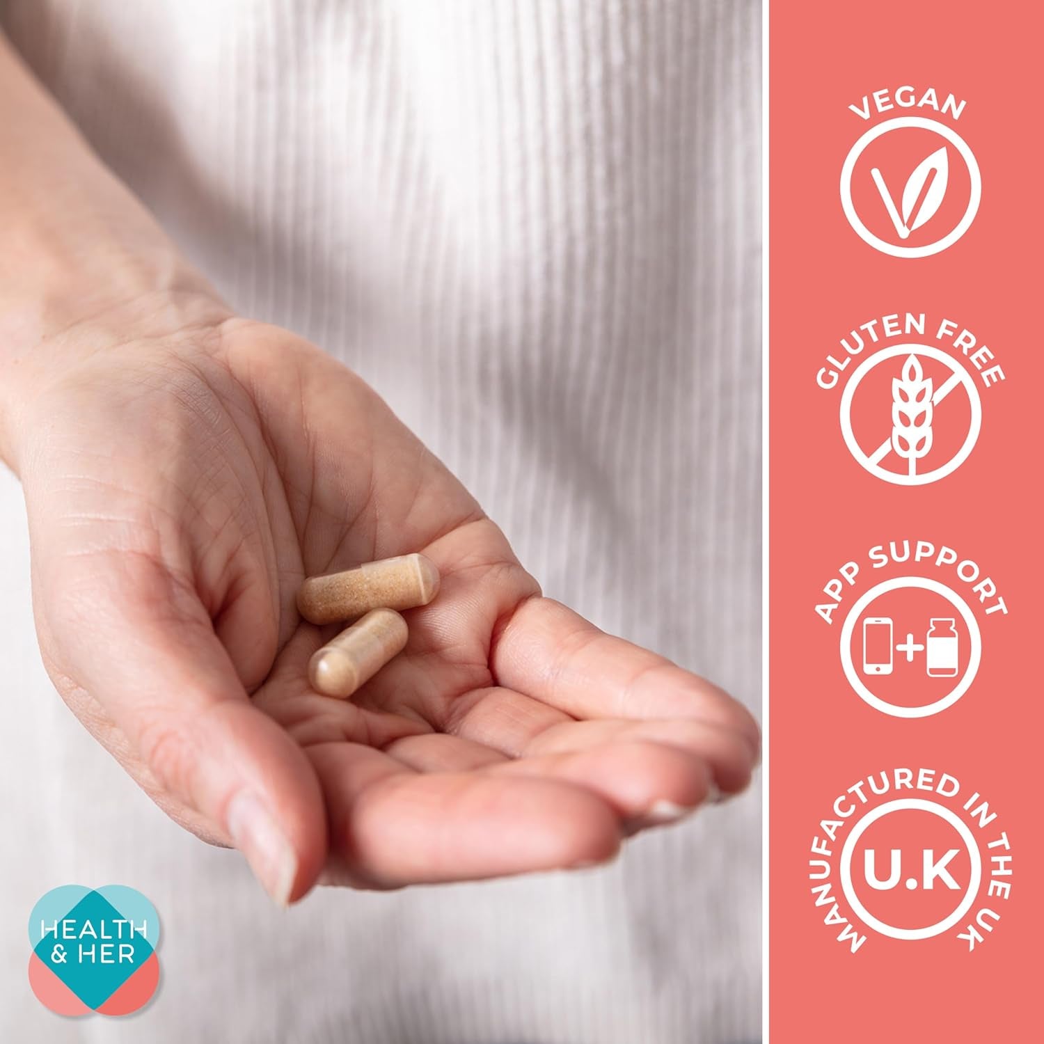 Health & Her Premenstrual Supplements for Women - with Ashwagandha, Flaxseed and Ginger Root - 1 Month Supply, 60 Capsules - Vegan & Gluten Free