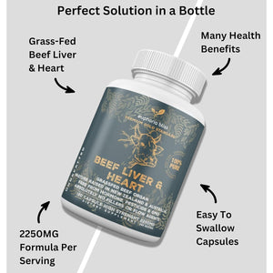 Grass Fed Desiccated Beef Liver & Heart Capsules 2250Mg (120 Pills, 750Mg Each) – Coq10 - Energy - Digestion – Heart - Detoxification Non-Gmo - Freeze Dried - Pasture Raised Undefatted in New Zealand