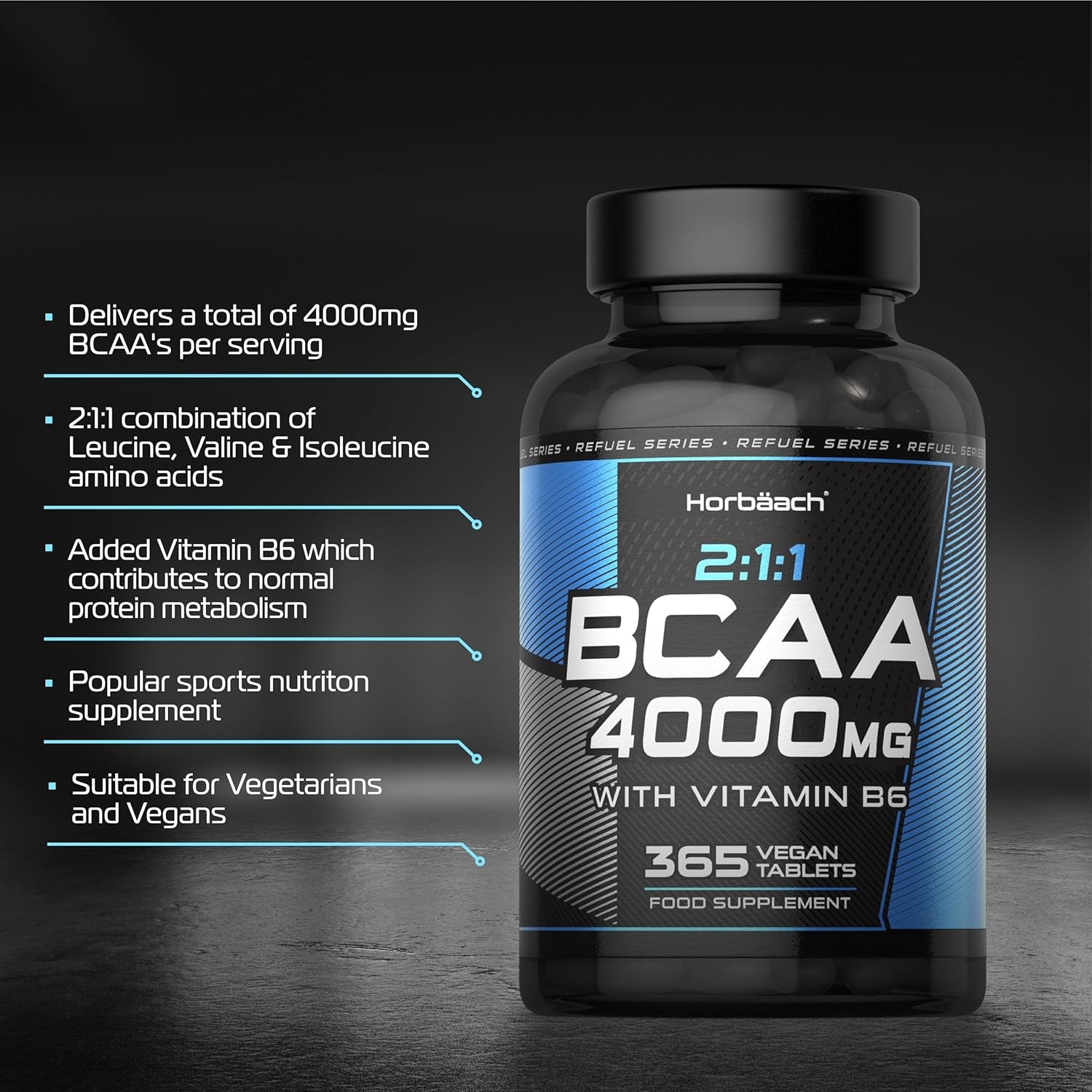 BCAA Tablets 4000Mg | 365 Vegan Tablets | Essential Amino Acid Supplement with Vitamin B6 | 2:1:1 Ratio | BCAA Powder and Capsules Alternative Pre Workout | by Horbaach