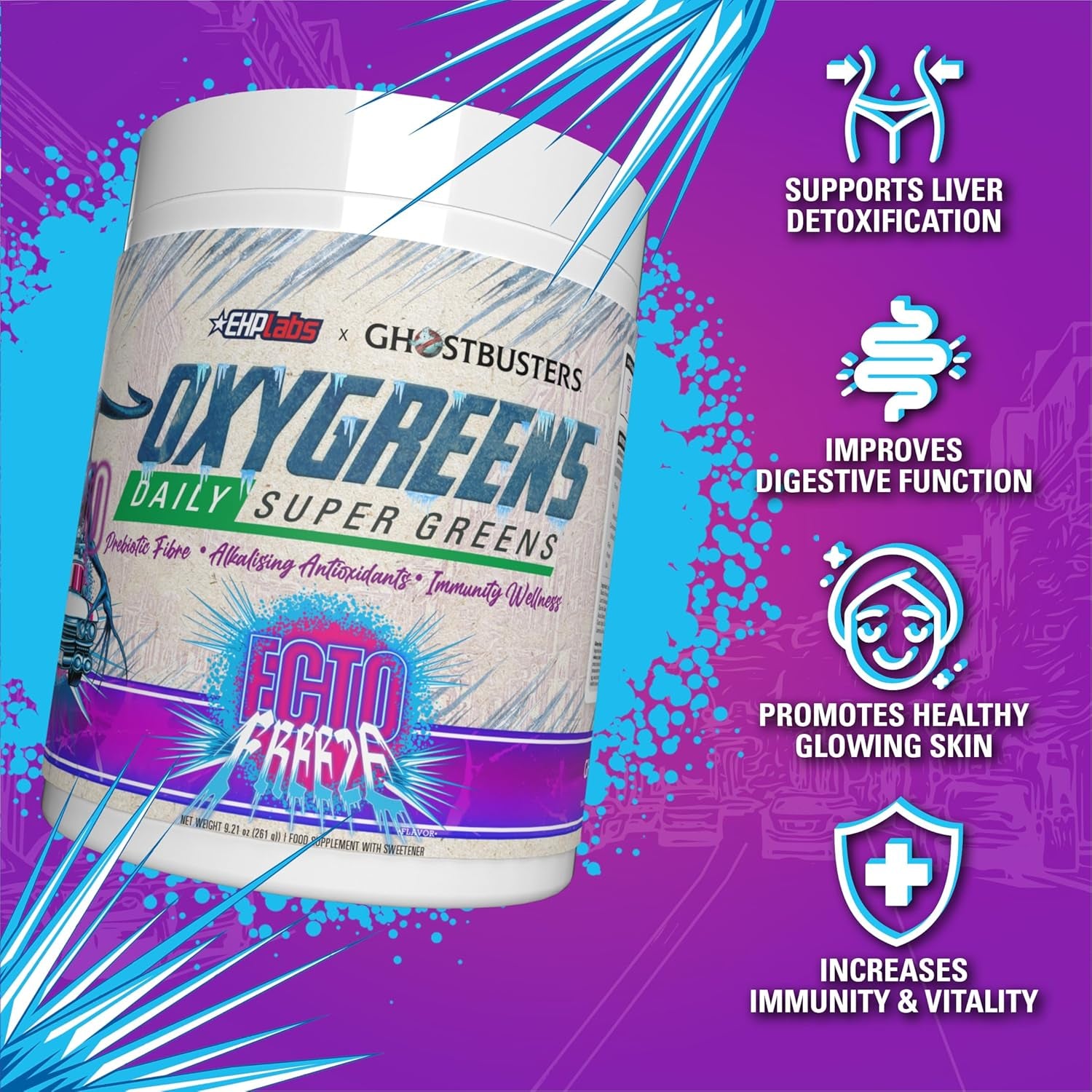 Ehplabs X Ghostbusters Frozen Empire: Oxygreens Super Greens Powder Superfood - Spirulina & Greens Supplement W/Prebiotic Fibre, Antioxidants & Immunity Support. Ecto Freeze (Grape Lollipop) 30 Serve