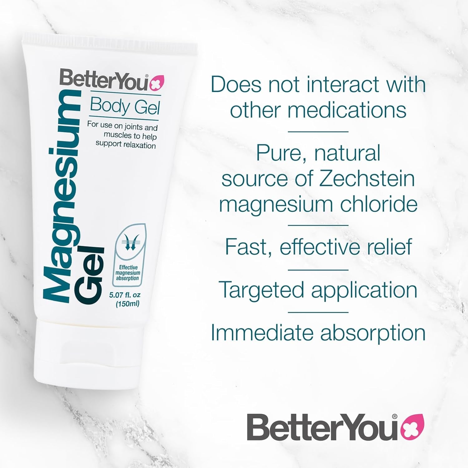 Betteryou Magnesium Body Gel | Pure, Clean, and Natural Source of Magnesium Chloride | Transdermal Magnesium Body Gel | for Use on Joints and Muscles | 150Ml