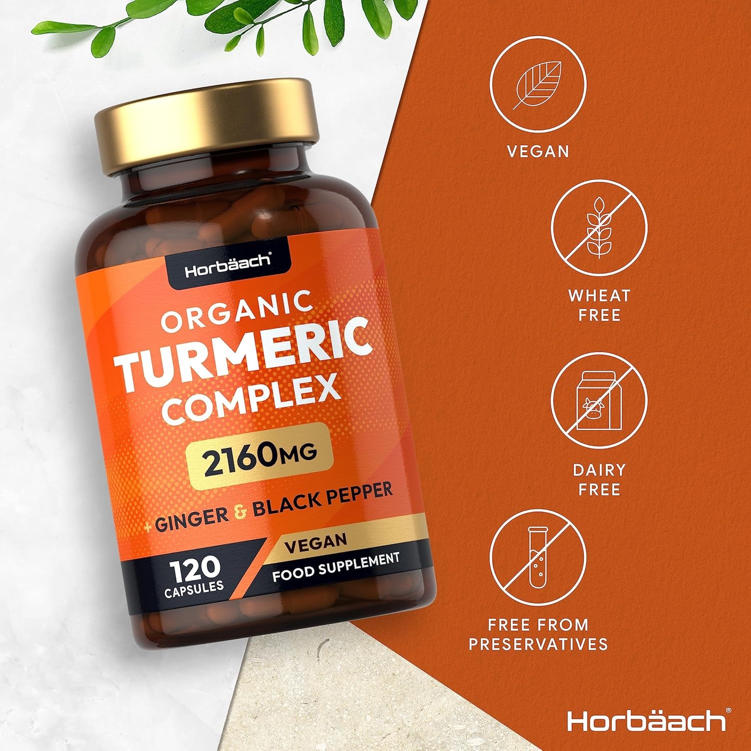 Organic Turmeric and Black Pepper Capsules | 2160Mg | High Strength Curcumin with Ginger | 120 Vegan Capsules | by Horbaach