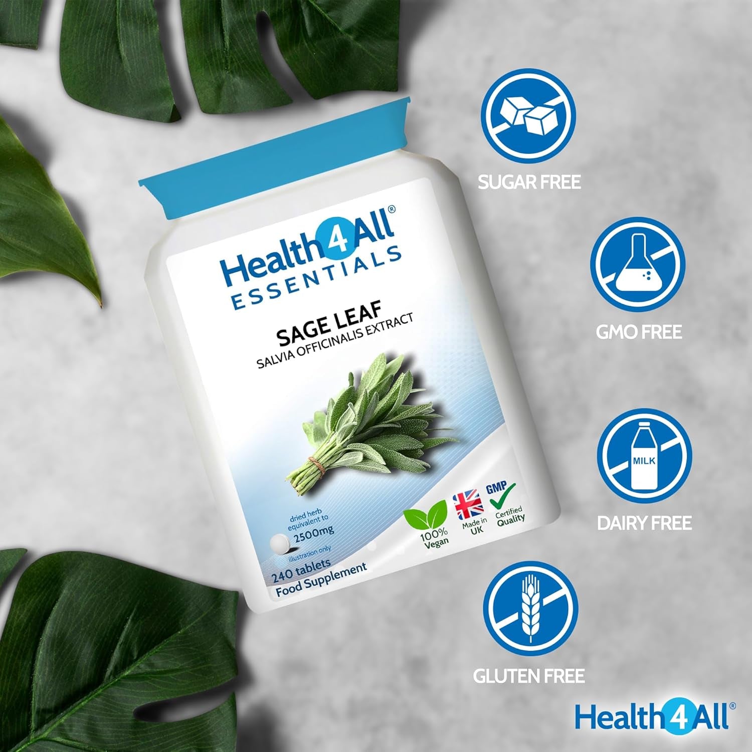 Health4All Sage Leaf 2500Mg 240 Tablets 8 Months Supply, Essential Sage Water Extract for Menopause Support, High Strength Menopause Supplement One-A-Day Tablets (Not Capsules) | Made in UK