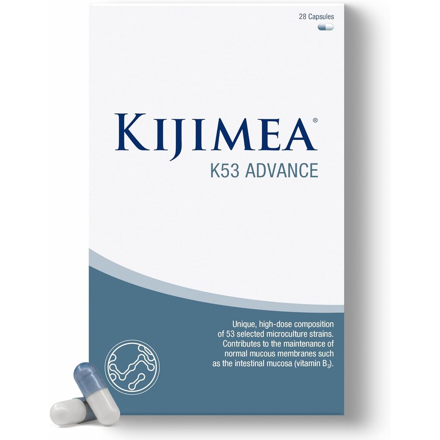 Kijimea® K53 Advance – High-Dose Microculture Strains | 53 Strains of Intestinal Bacteria | Enriched with Vitamin B3 and B7 | >500 Billion CFU per Pack | Lactose-Free, Gluten-Free | 28 Capsules