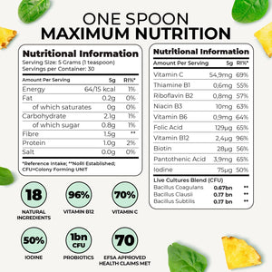 Inspiriko Super Greens Powder with 18 Natural Superfood Ingredients - Spirulina, Kale, Moringa - Green Powder Superfood with Probiotics, 150G, UK Made, Vegan - for Energy, Digestion, Immune Support