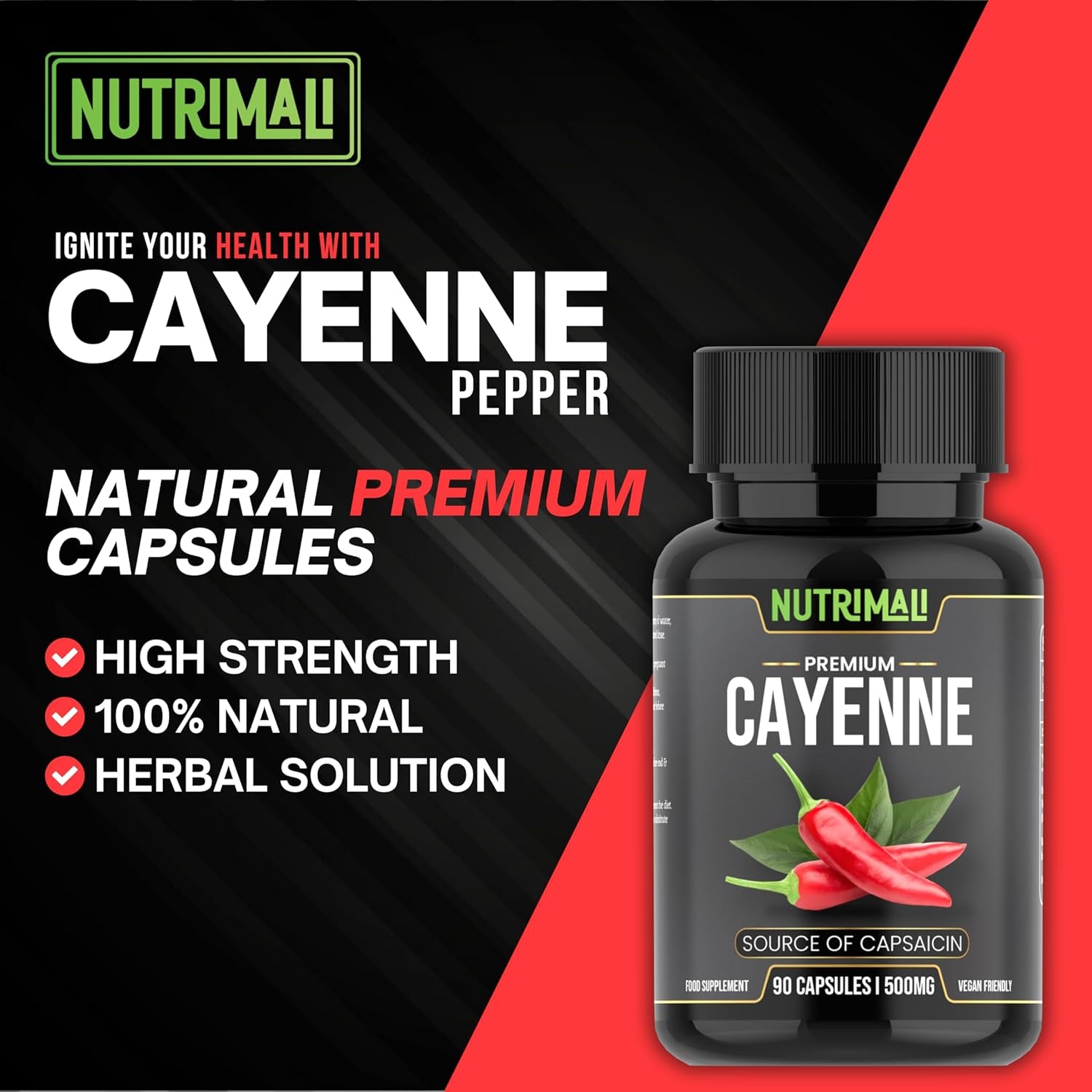 Nutrimali Cayenne Pepper Organic - 90 Vegan Capsules | High Strength up to 1500Mg | Natural Herbal Supplement | Zero Fillers 100% Natural & Eco Friendly Packaging
