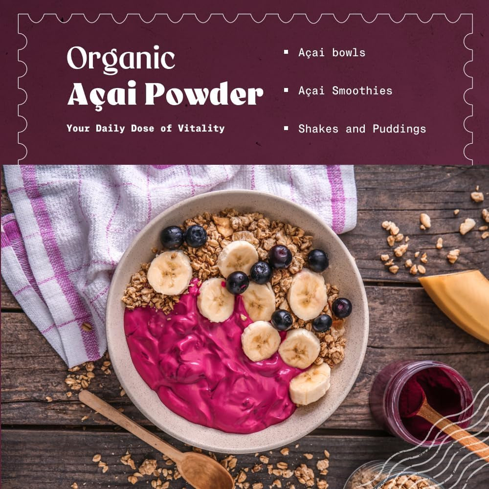 Naturalebio Organic Acai Berries Powder - Freeze-Dried - 100G. Brazilian Acai, Lyophilised, Raw. Extract from Açai Berry Pulp. Vegan & Vegetarian Friendly