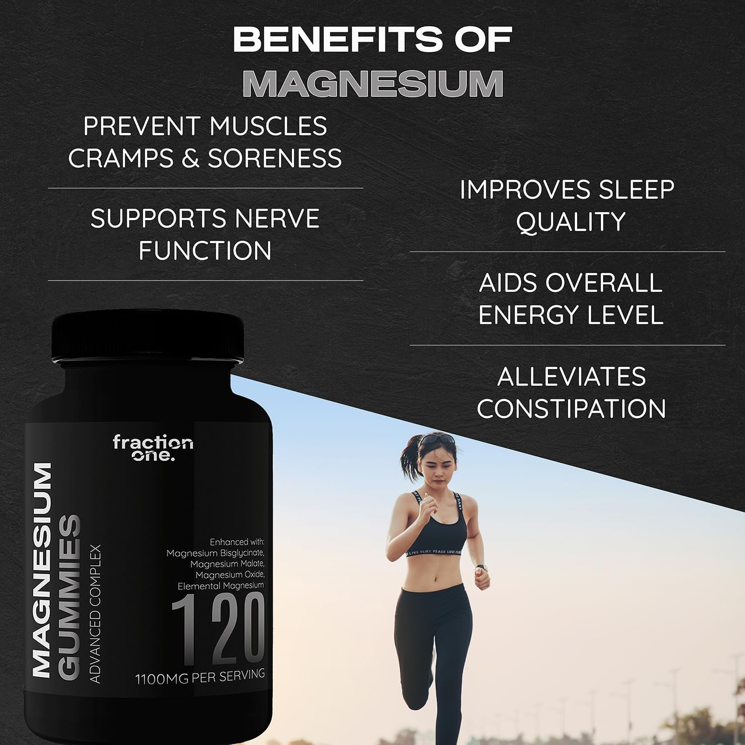 Fraction One Magnesium Gummies - 120 Gummies - 60 Servings - 1100 Mg per Serving - Magnesium Citrate 1400Mg - Glycinate 250Mg - Malate 200Mg - Oxide 150Mg - Elemental Mg