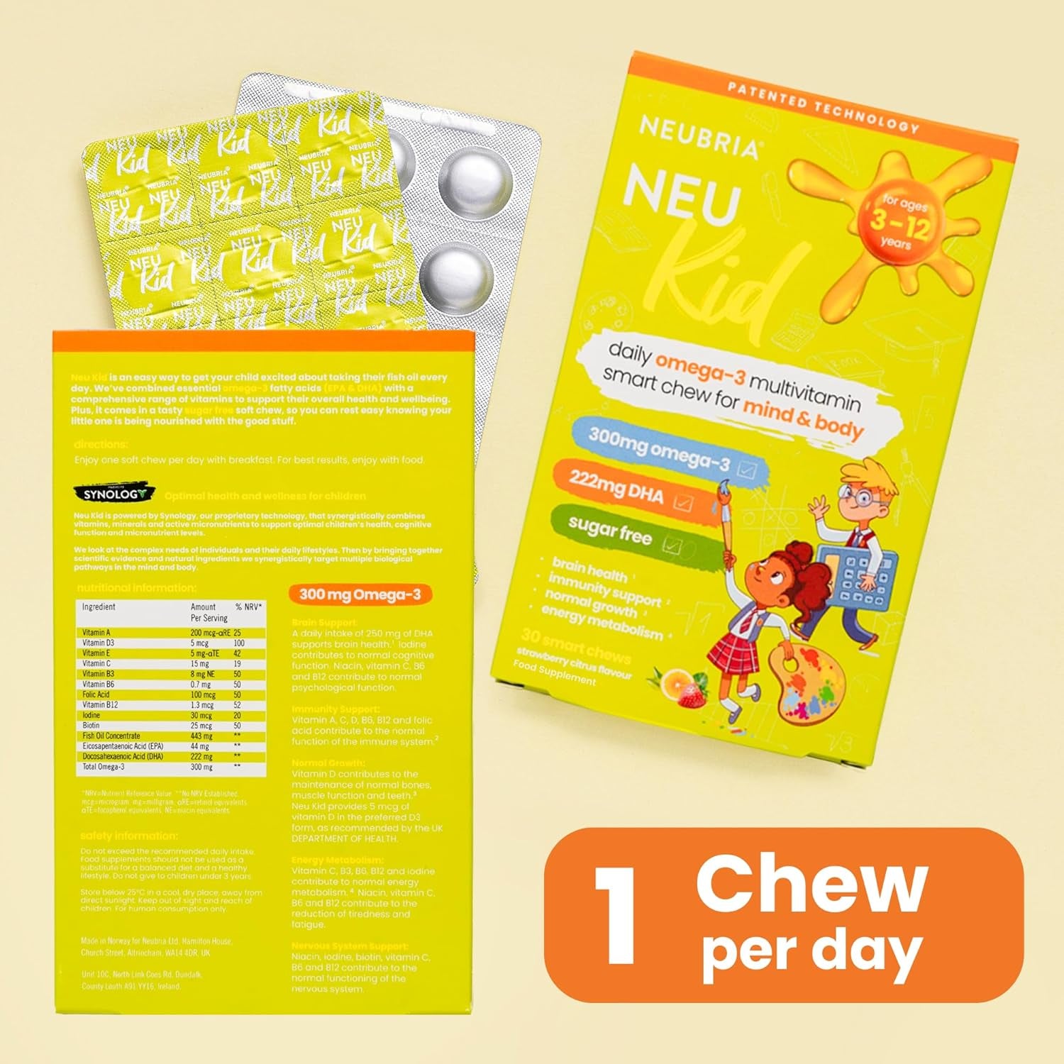 NEUBRIA NEU Kid Multivitamin & Omega-3 - Children Vitamins A, C, D, E, B Complex & Fish Oil for Kids - Sugar-Free Natural Soft Chews for Daily Wellness - UK Made, 30 Chewables
