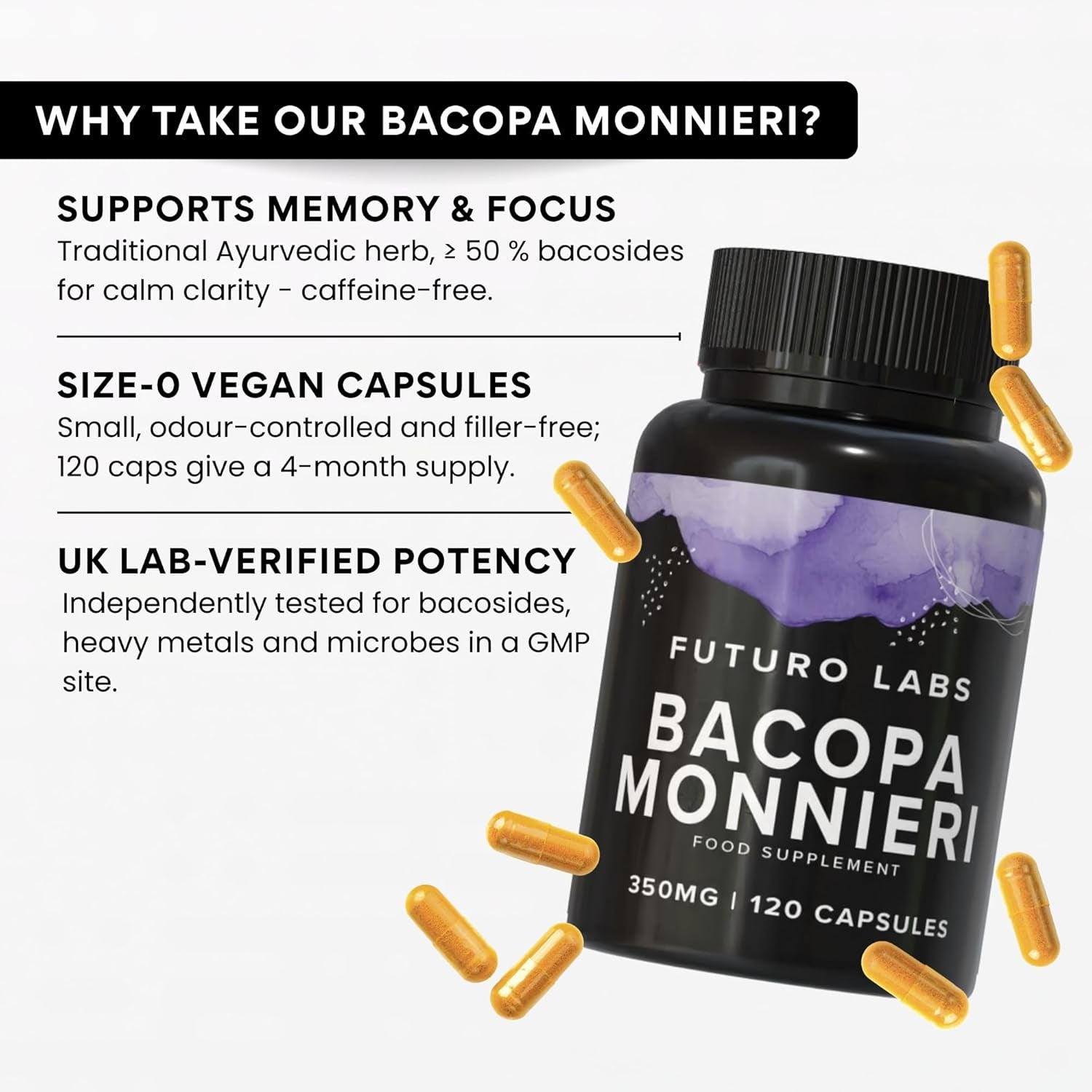 Bacopa Monnieri Capsules 350Mg - Brain/Memory Supplements - Made in the UK - 4 Month Supply - Vegan, Non-Gmo, Gluten-Free. Natural Ayuverdic Supplement Bacopa Extract
