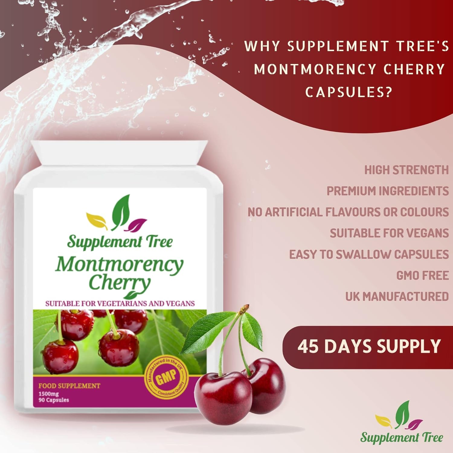 Montmorency Cherry Capsules 1500Mg - 90 Vegan Capsules - High Strength Pure Freeze Dried Cherry Powder Extract - 3000Mg per Daily Serving - UK Manufactured