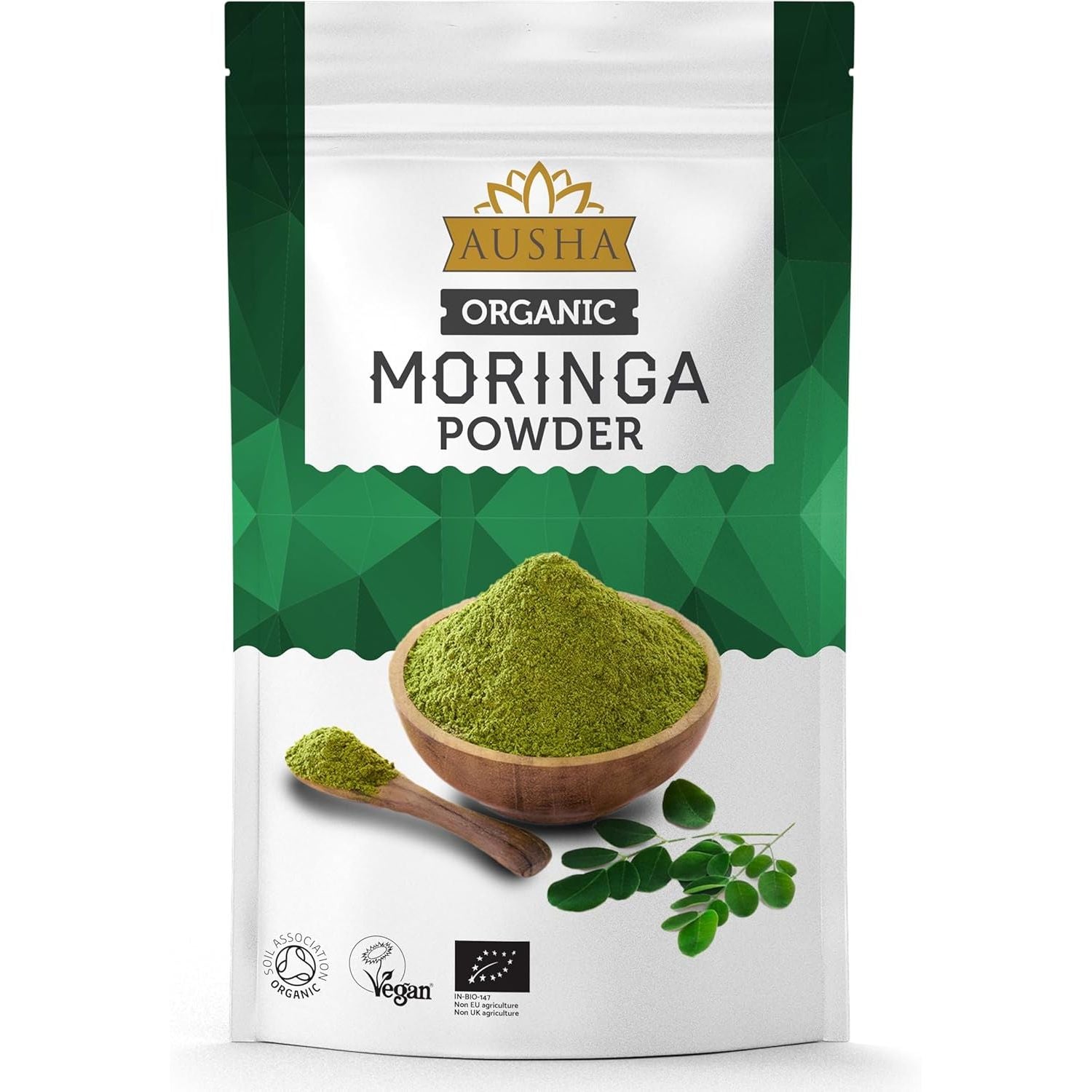 Ausha Organic Moringa Powder 100 G - UK Certified Organic by Soil Association - Oleifera Leaf - Source of Protein, Amino Acids, Antioxidants, Dietary Fibre, Vitamins & Minerals