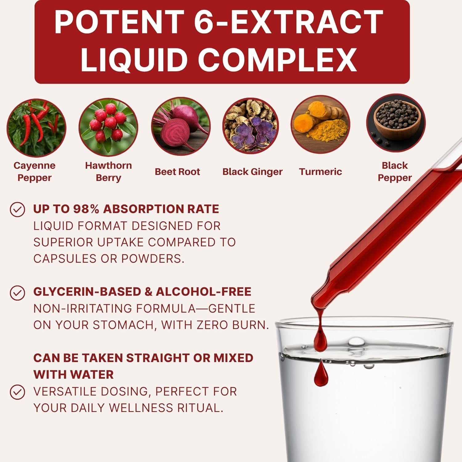 Probotanics Cayenne Pepper Drops Liquid Extract Supplement | Hawthorn Berry, Turmeric Curcumin, Beet Root, Ginger, Black Pepper for Circulation, Energy and Digestive Health | Alcohol-Free - 60Ml
