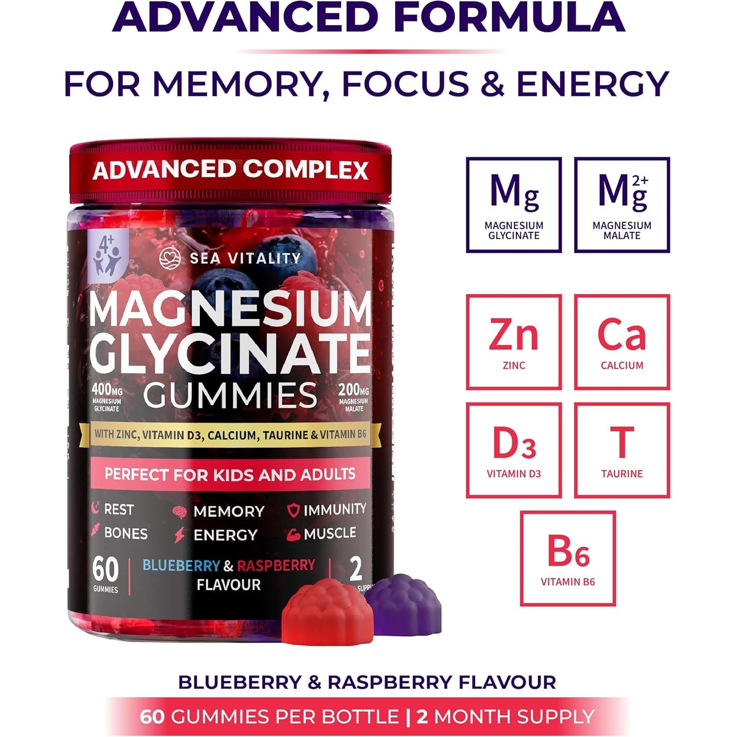 Magnesium Glycinate Gummies for Kids & Adults - High Strength Magnesium Glycinate 400Mg with Malate, Zinc, D3, B6 & Taurine – Blueberry & Raspberry Flavours – Sleep, Focus & Relaxation – 120 Chews