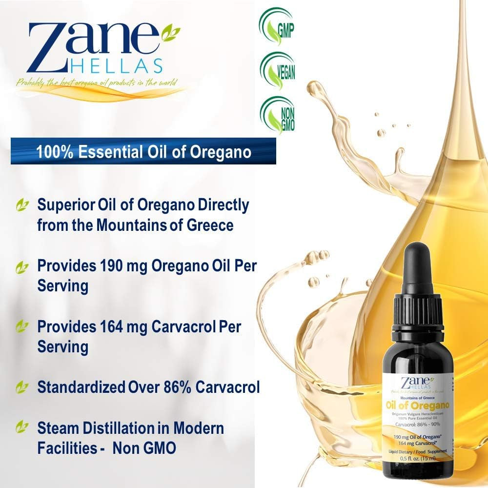 Zane Hellas 190 Mg Oregano Oil-164 Mg Carvacrol per Serving-4 Drops Daily. 100% Greek Undiluted Oil of Oregano. 86%-90% Min Carvacrol. Probably the Best Oregano Oil in the World. 0.5 Fl. Oz.- 15Ml.