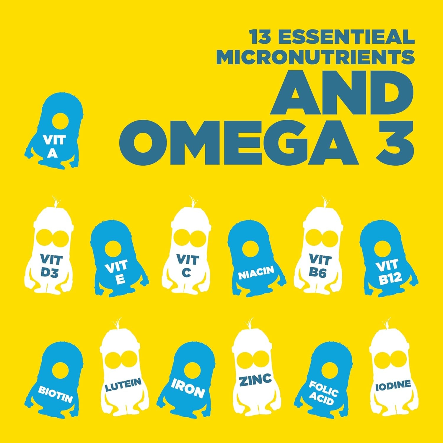 Nutriburst Minions MEGA Multi Vitamins for Kids - Chewable Multivitamins for Growth & Development: Vitamin A, B12 C, D3, E, Iron, Omega-3 - Vegan + Sugar Free - Fruity Flavour - 60 Gummies