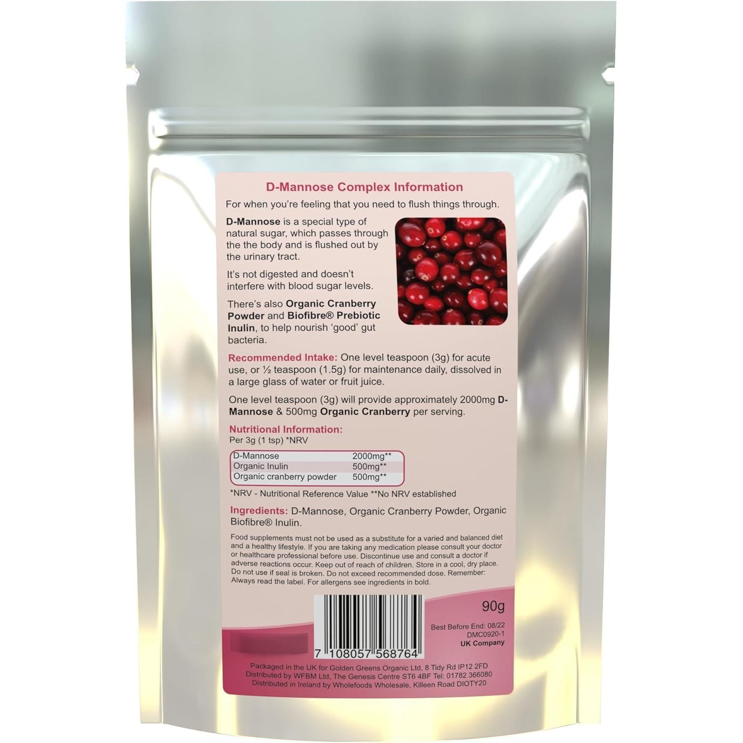 Golden Greens D-Mannose Complex with Organic Cranberry 30 Servings, 1 Count